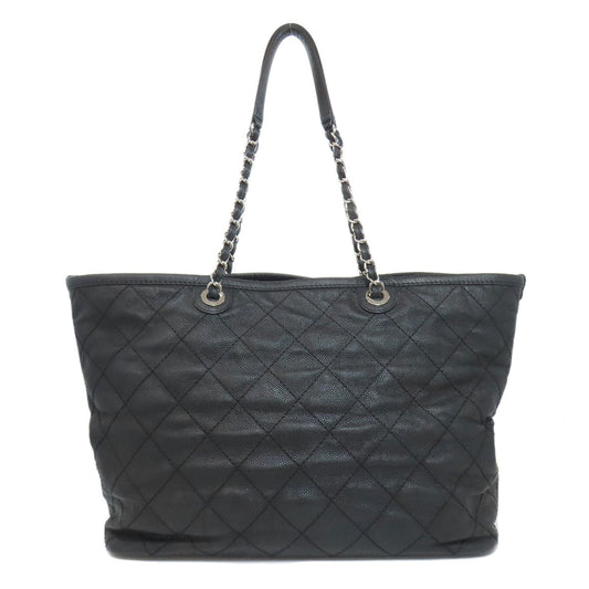 Chanel Tote Bag Grained Calfskin Skin Black Matelasse Silver Metal