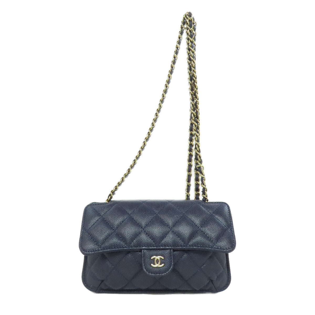 Chanel Tote Bag Ap2095 Grained Calfskin, Nylon Navy Chain Shoulder Eco Bag Gold Metal Women Used Authentic