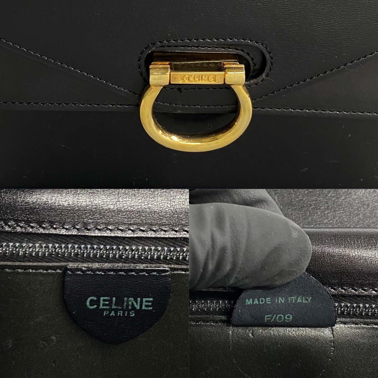 Celine Handbag Calfskin, Leather Black Logo Metal Women Used Authentic