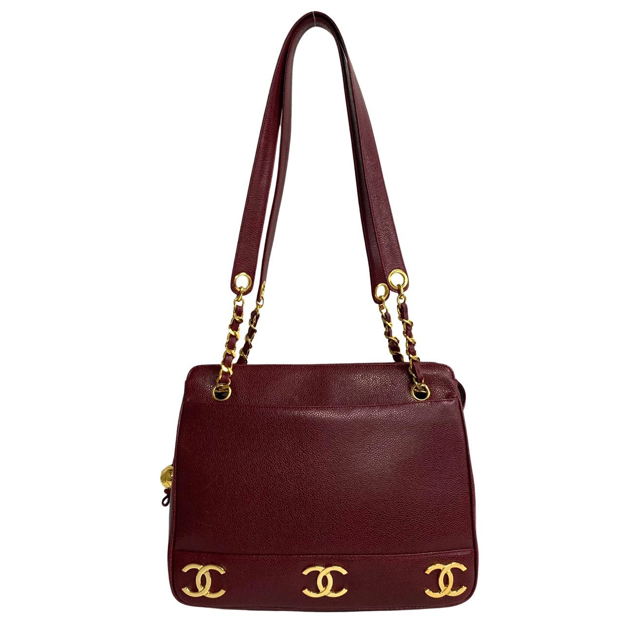 Chanel Tote Bag Leather Wine Red Caviar Skin Women Used Authentic