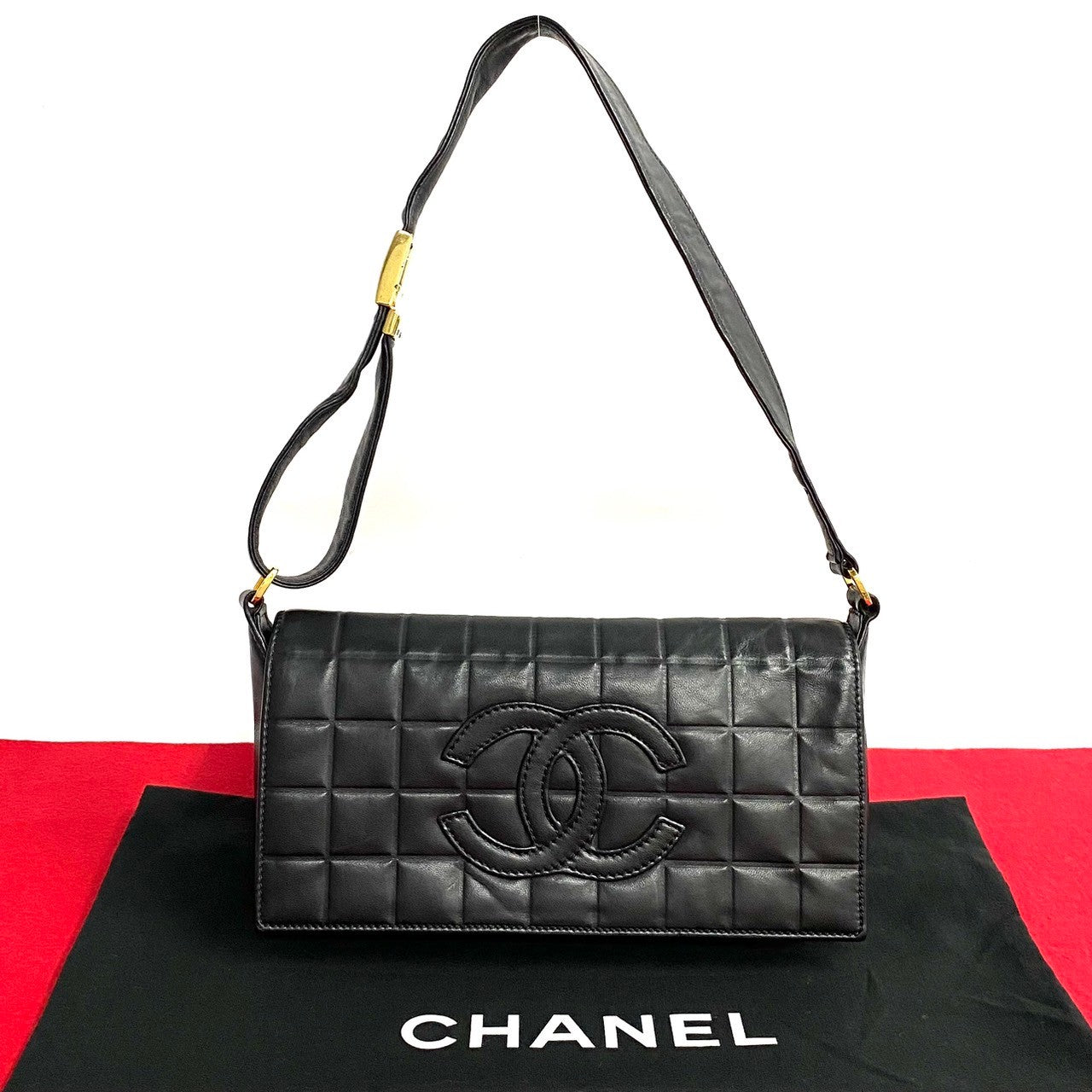 Chanel Shoulder Bag Leather Black Chocolate Bar Women Used Authentic