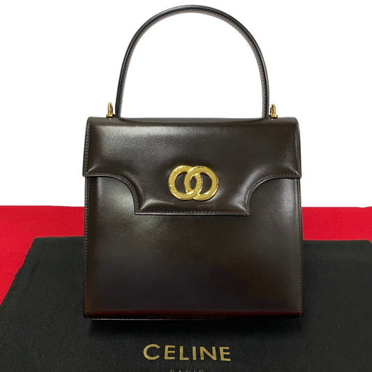 Celine Tote Bag Calfskin Brown Circle Logo Metal Women Used Authentic