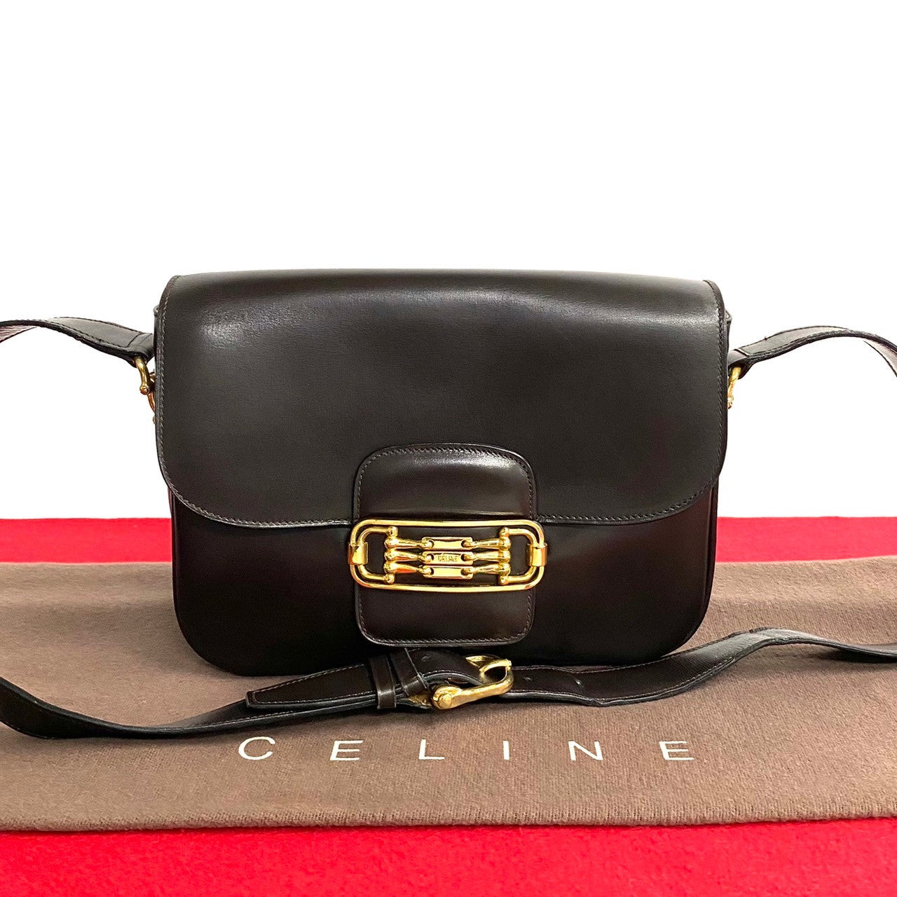 Celine Shoulder Bag Leather Brown Horsebit Women Used Authentic