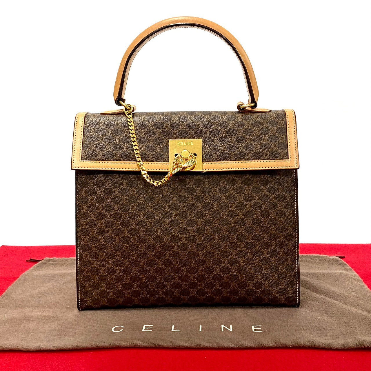 Celine Handbag Leather, Pvc Brown Macadam Blason Triomphe Logo Ring Metal Women Used Authentic