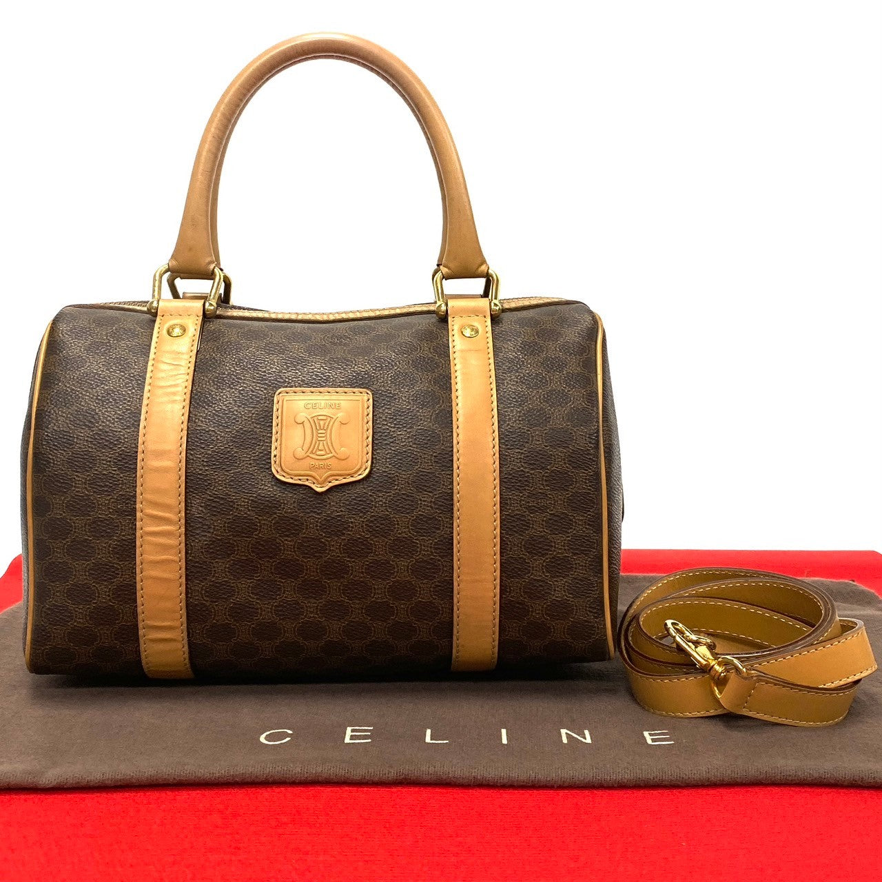 Celine Shoulder Bag Leather, Pvc Brown Macadam Blason Triomphe Pattern Women Used Authentic