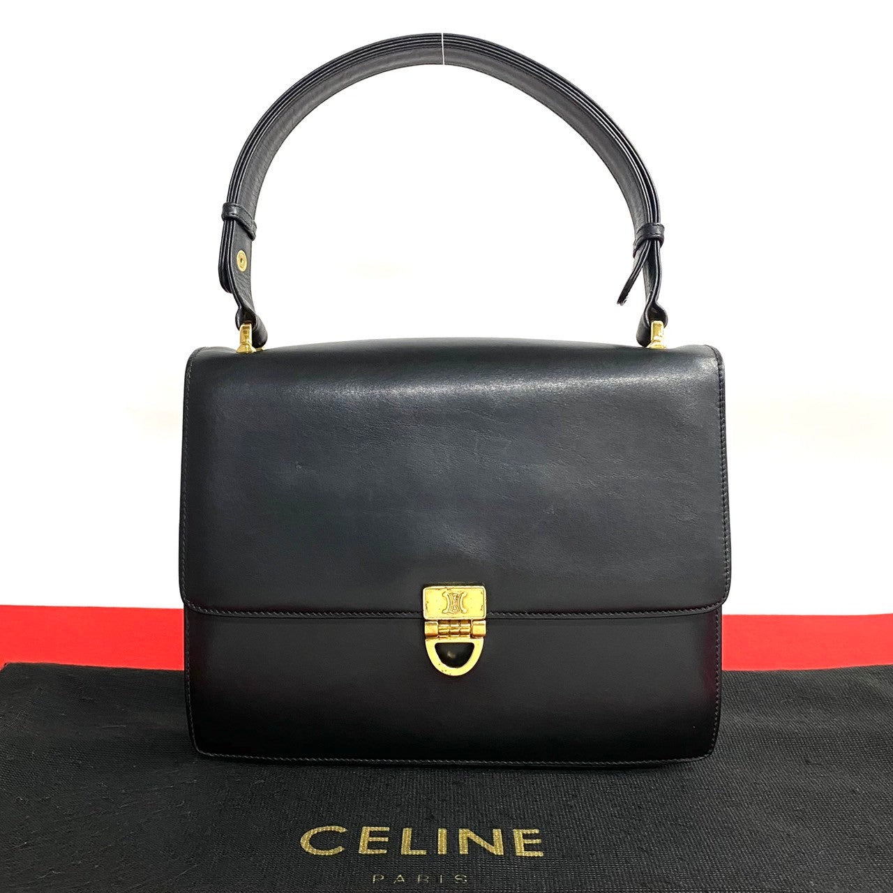 Celine Shoulder Bag Leather Black Triomphe Logo Metal Women Used Authentic