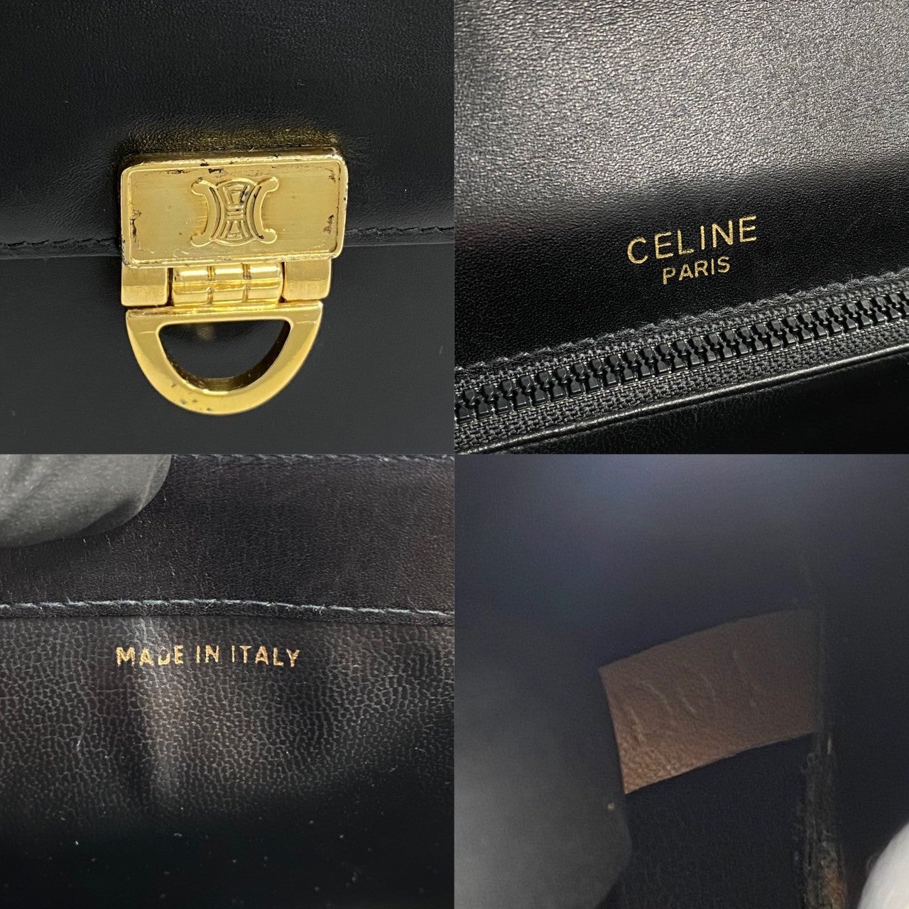 Celine Shoulder Bag Leather Black Triomphe Logo Metal Women Used Authentic