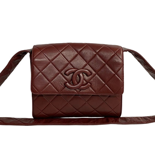 Chanel Shoulder Bag Lambskin Red Coco Mark Matrasse Women Used Authentic