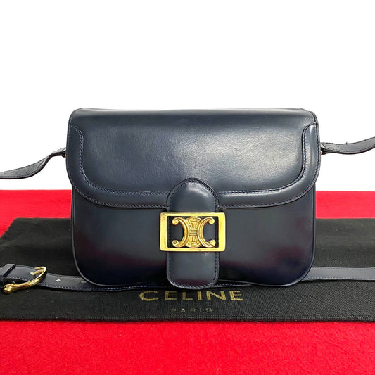 Celine Shoulder Bag Calfskin, Leather Navy Triomphe Logo Metal Women Used Authentic