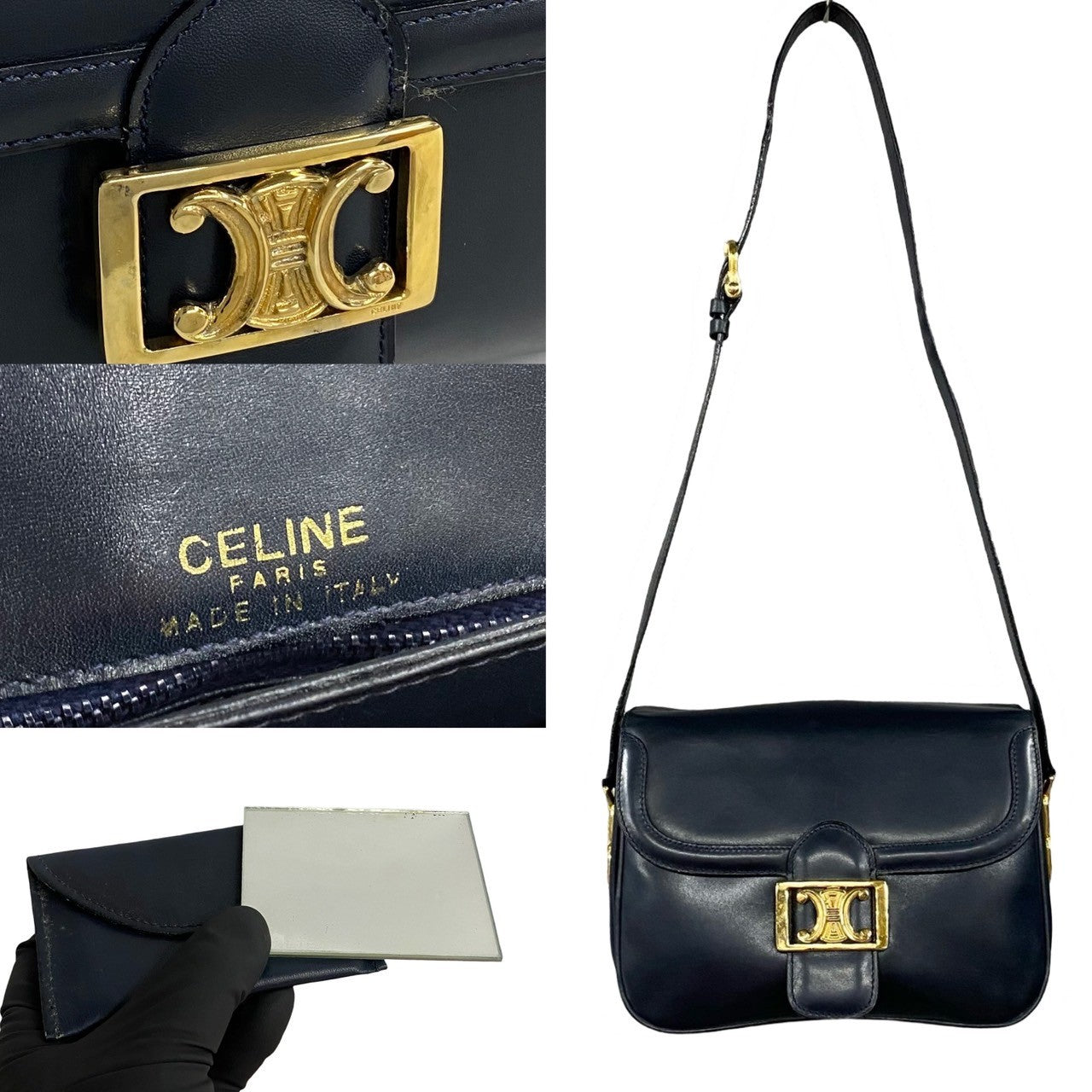 Celine Shoulder Bag Calfskin, Leather Navy Triomphe Logo Metal Women Used Authentic