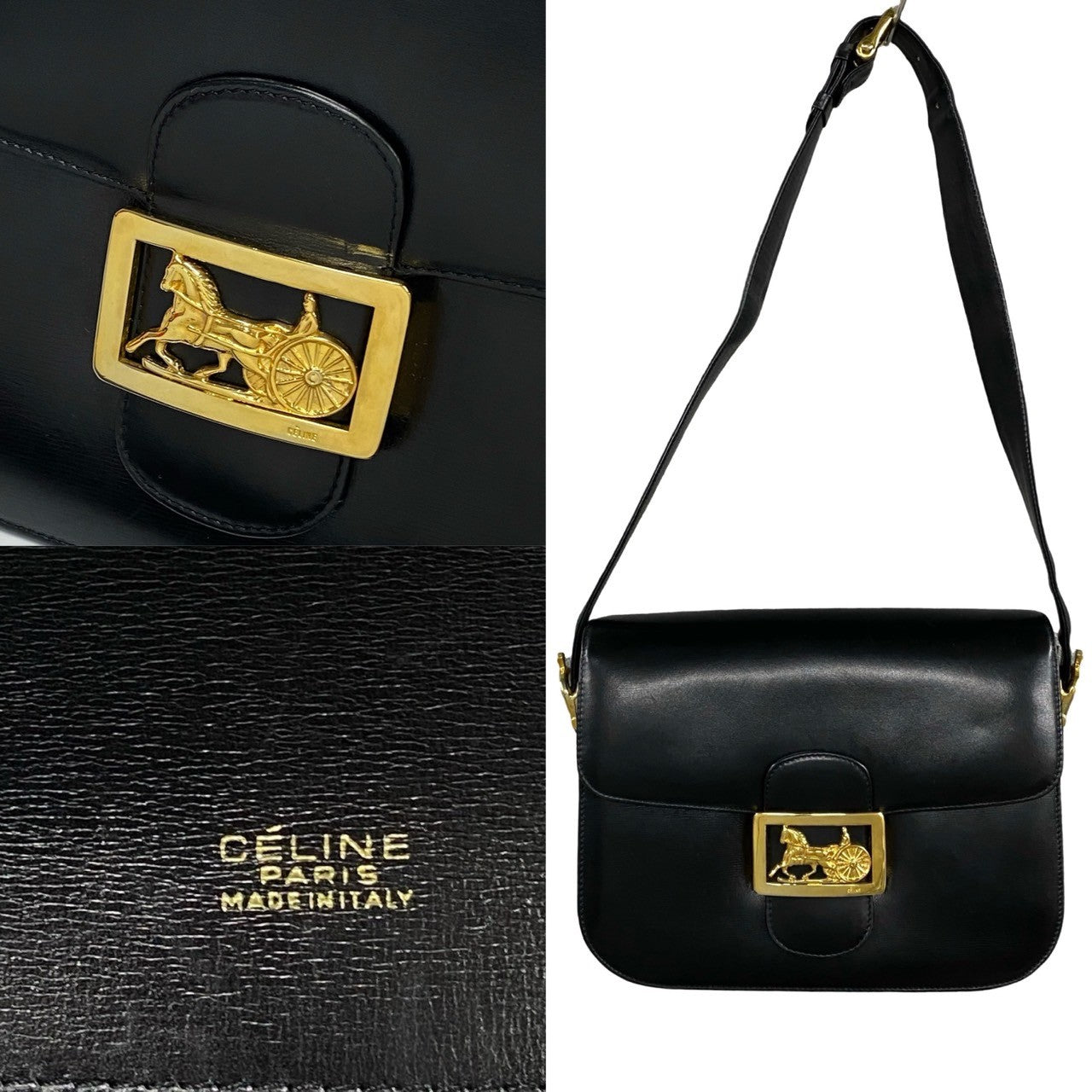 Celine Shoulder Bag Calfskin, Leather Black Logo Carriage Metal Women Used Authentic