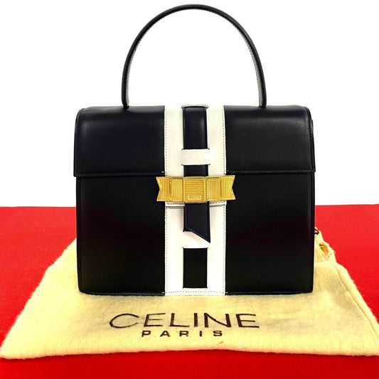 Celine Handbag Leather Navy Logo Ribbon Metal Women Used Authentic