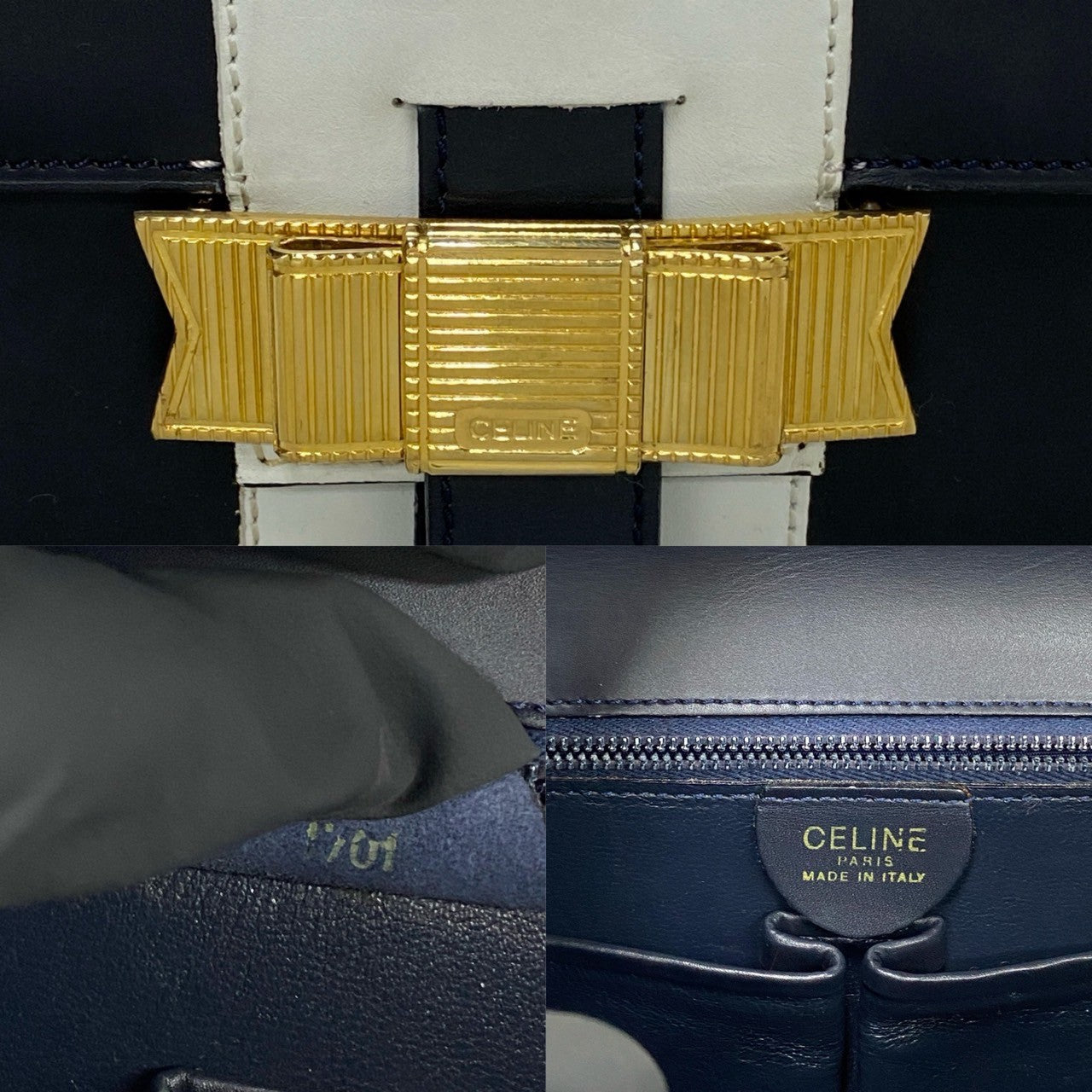 Celine Handbag Leather Navy Logo Ribbon Metal Women Used Authentic