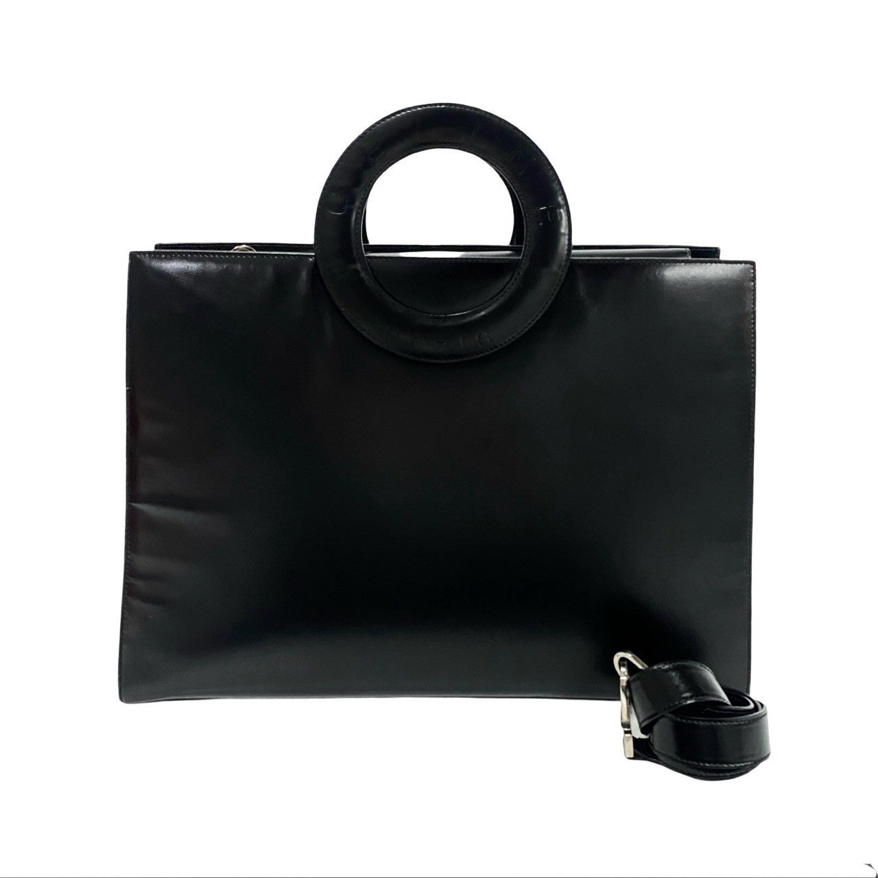 Celine Shoulder Bag Leather Black Circle Logo Women Used Authentic