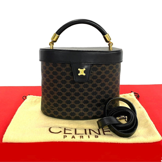 Celine Shoulder Bag Leather, Pvc Black Macadam Blazon Pattern Triomphe Logo Metal Women Used Authentic