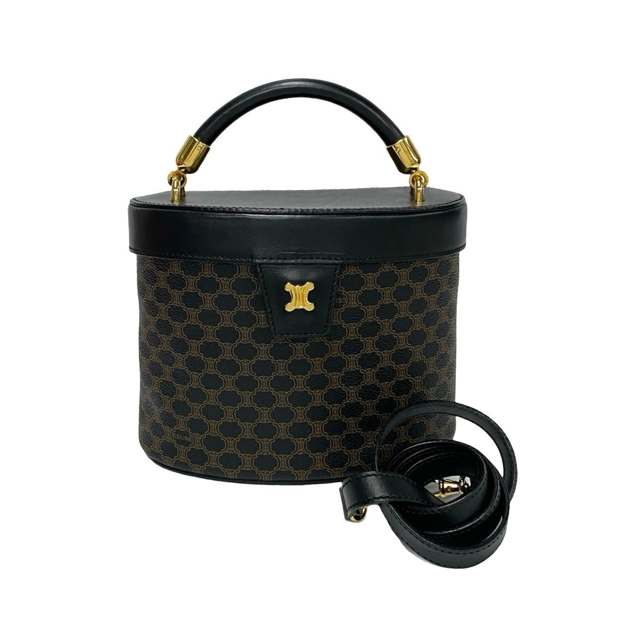 Celine Shoulder Bag Leather, Pvc Black Macadam Blazon Pattern Triomphe Logo Metal Women Used Authentic