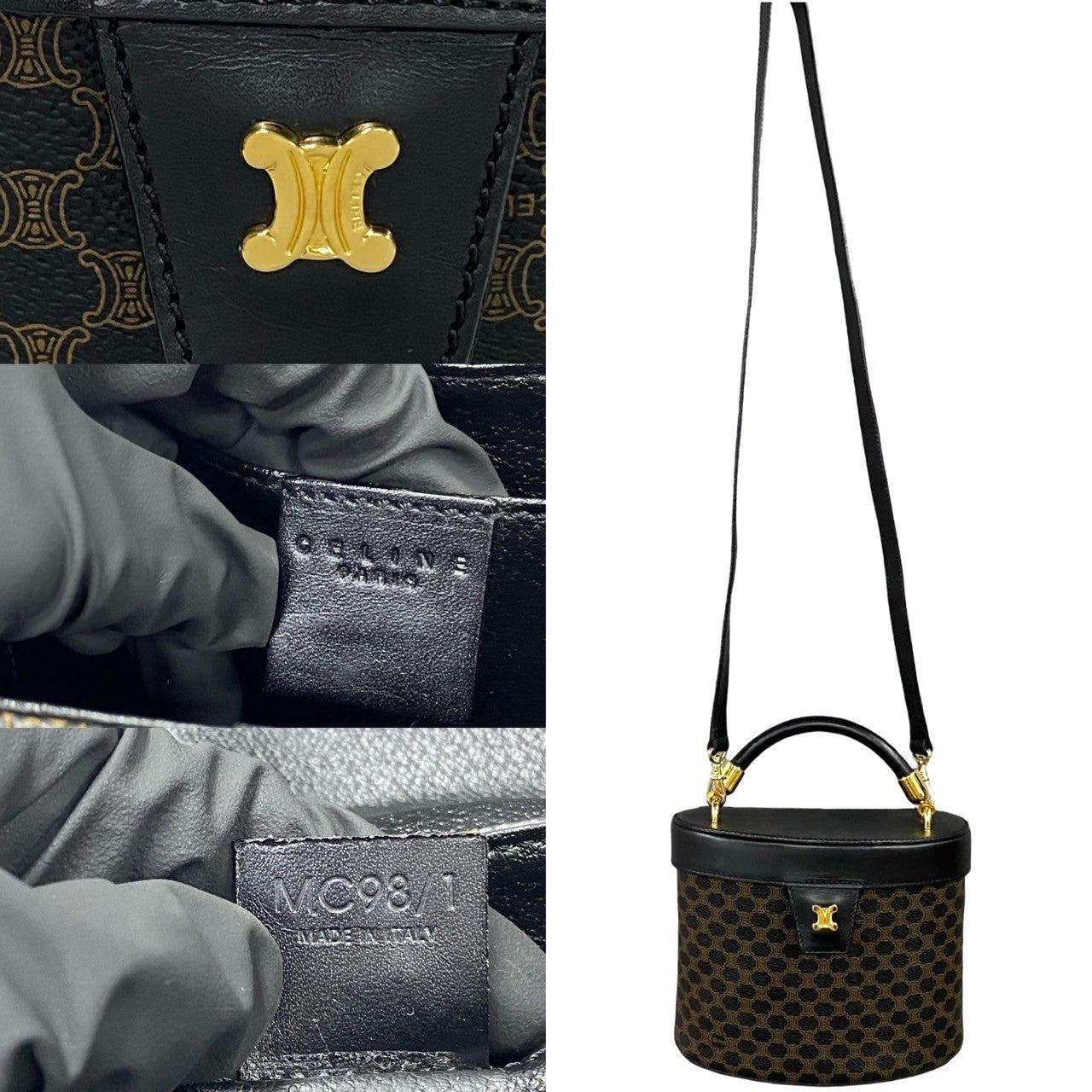 Celine Shoulder Bag Leather, Pvc Black Macadam Blazon Pattern Triomphe Logo Metal Women Used Authentic