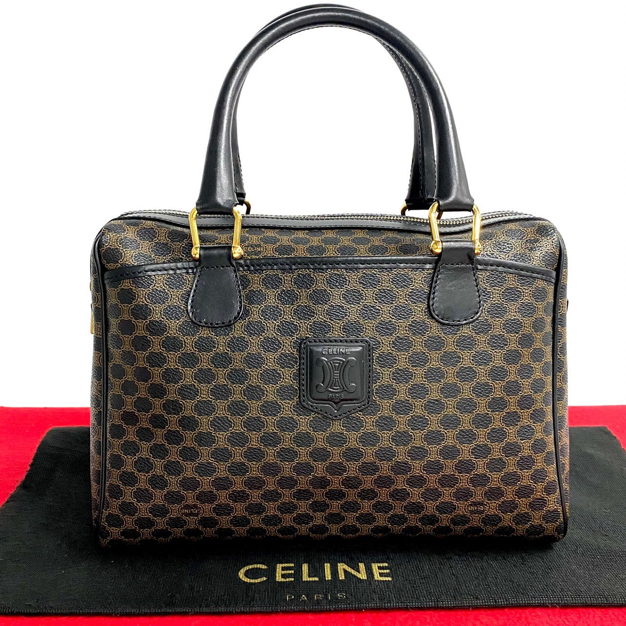 Celine Handbag Leather, Pvc Black Macadam Blason Triomphe Pattern Women(unisex) Used Authentic