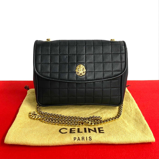 Celine Shoulder Bag Leather Black Triomphe Logo Metal Women Used Authentic