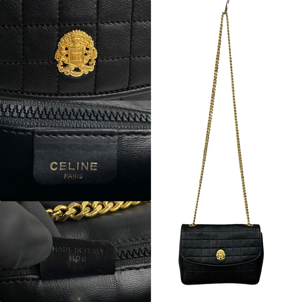 Celine Shoulder Bag Leather Black Triomphe Logo Metal Women Used Authentic