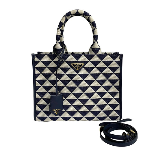 Prada Handbag Canvas, Leather Navy Triangle Logo Metal Symbol Embroidery Fabric Small Women Used Authentic