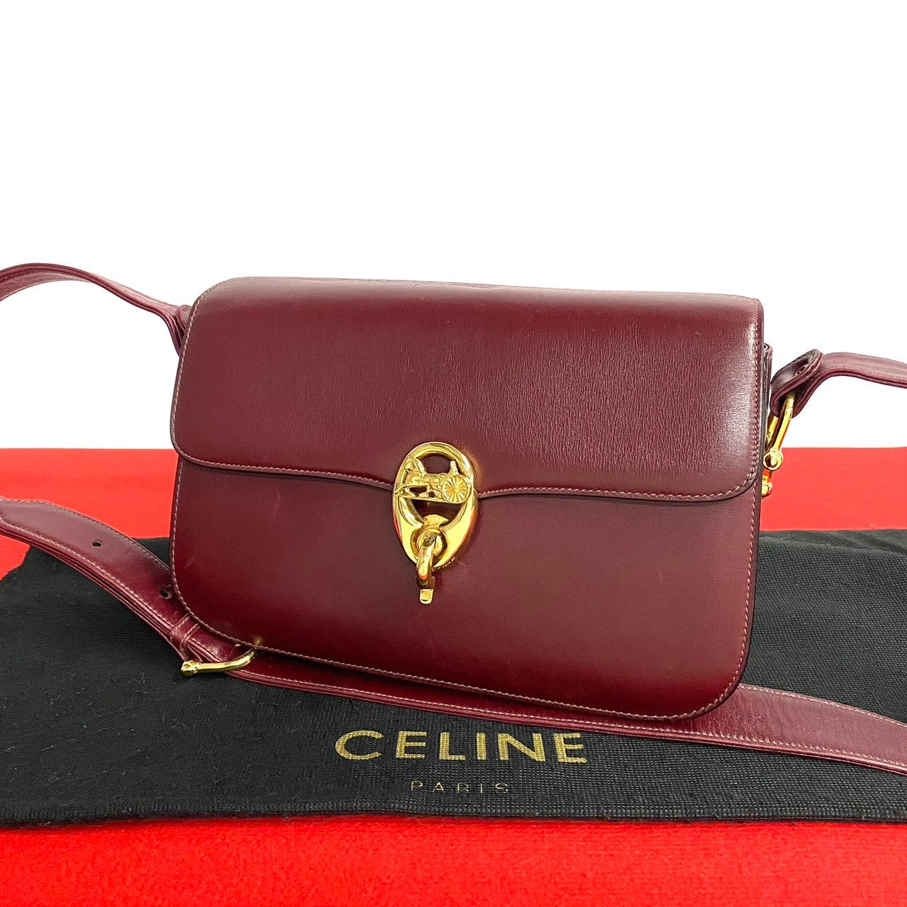 Celine Shoulder Bag Calfskin, Leather Wine Red Carriage Metal Women Used Authentic