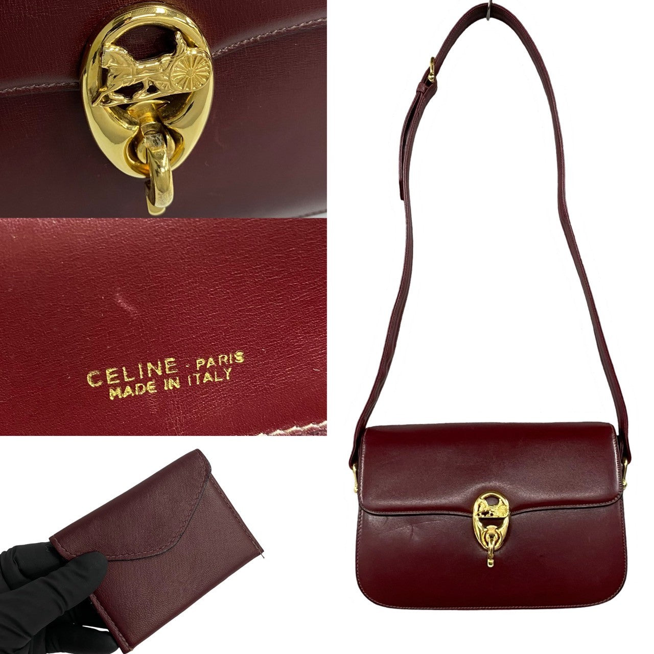 Celine Shoulder Bag Calfskin, Leather Wine Red Carriage Metal Women Used Authentic