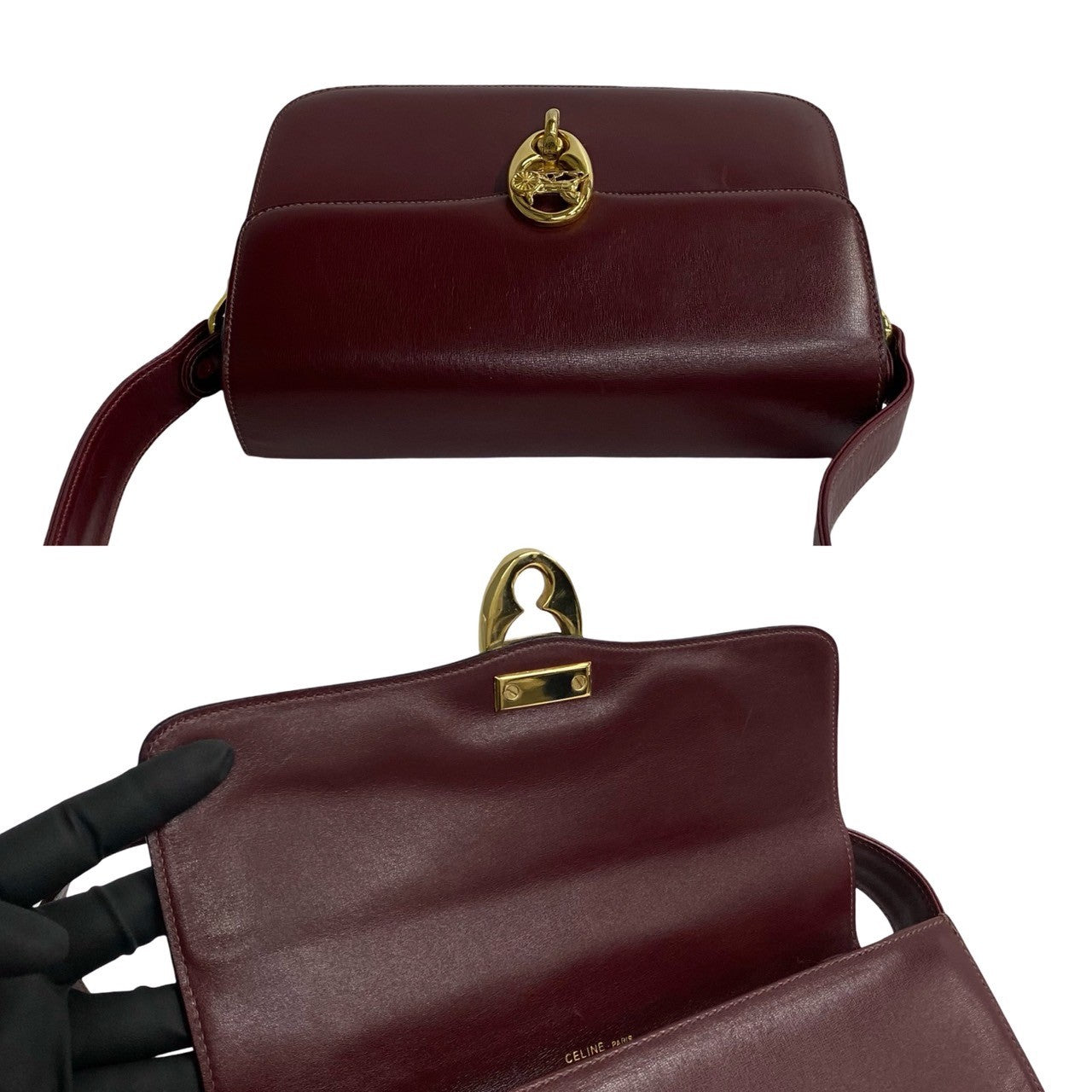 Celine Shoulder Bag Calfskin, Leather Wine Red Carriage Metal Women Used Authentic