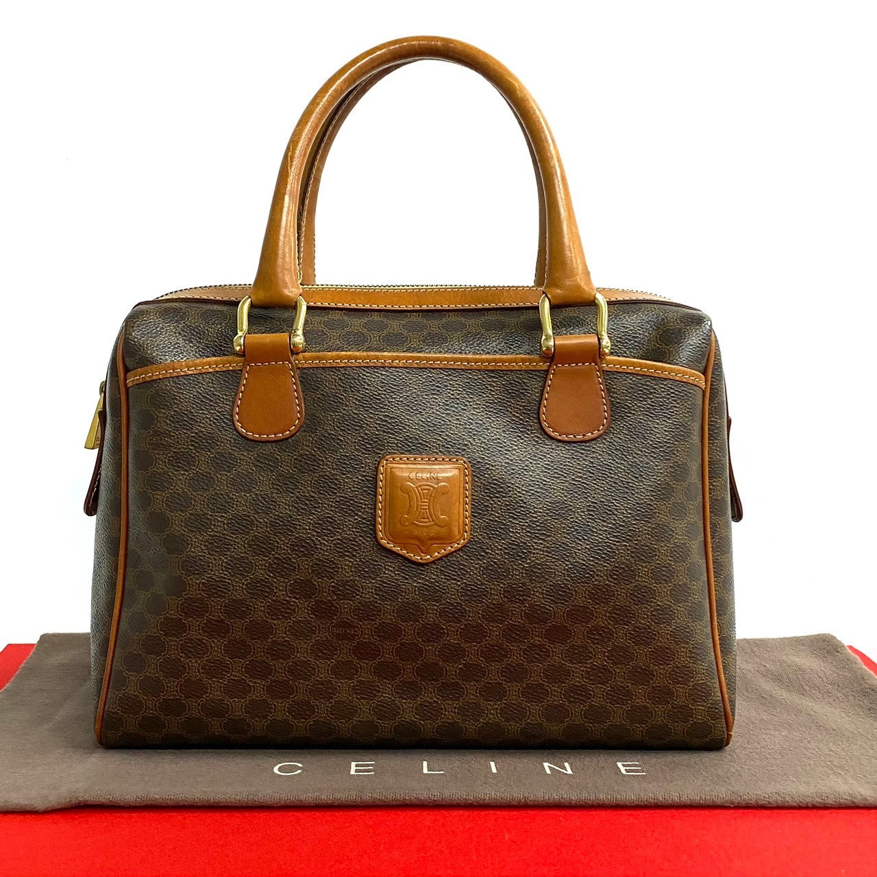 Celine Boston Duffel Bag Leather, Pvc Brown Macadam Blazon Pattern Triomphe Logo Women(unisex) Used Authentic