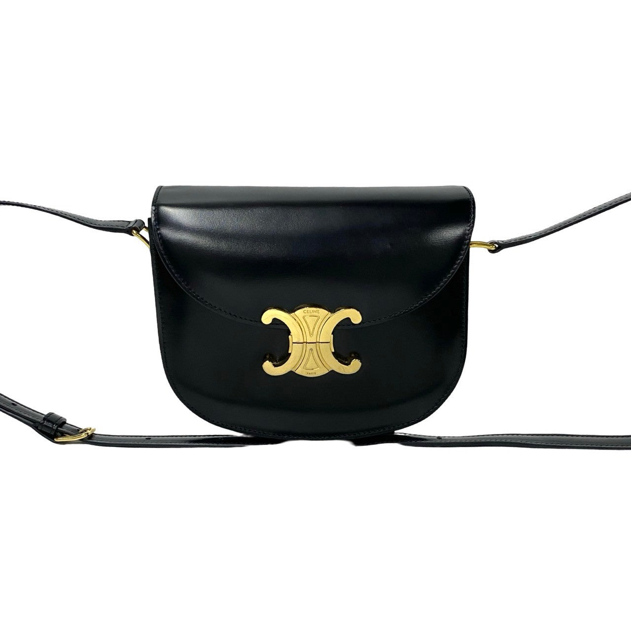 Celine Shoulder Bag Leather, Calfskin Leather Black Triomphe Logo Metal Teen Busty Claire Women Used Authentic