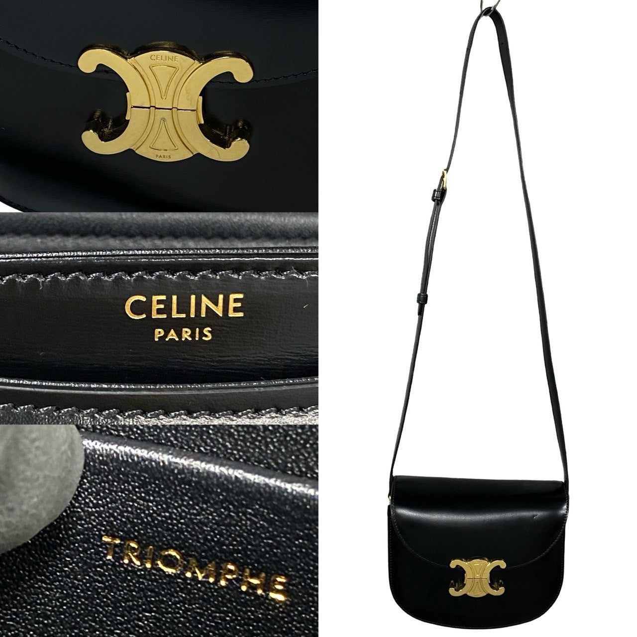 Celine Shoulder Bag Leather, Calfskin Leather Black Triomphe Logo Metal Teen Busty Claire Women Used Authentic