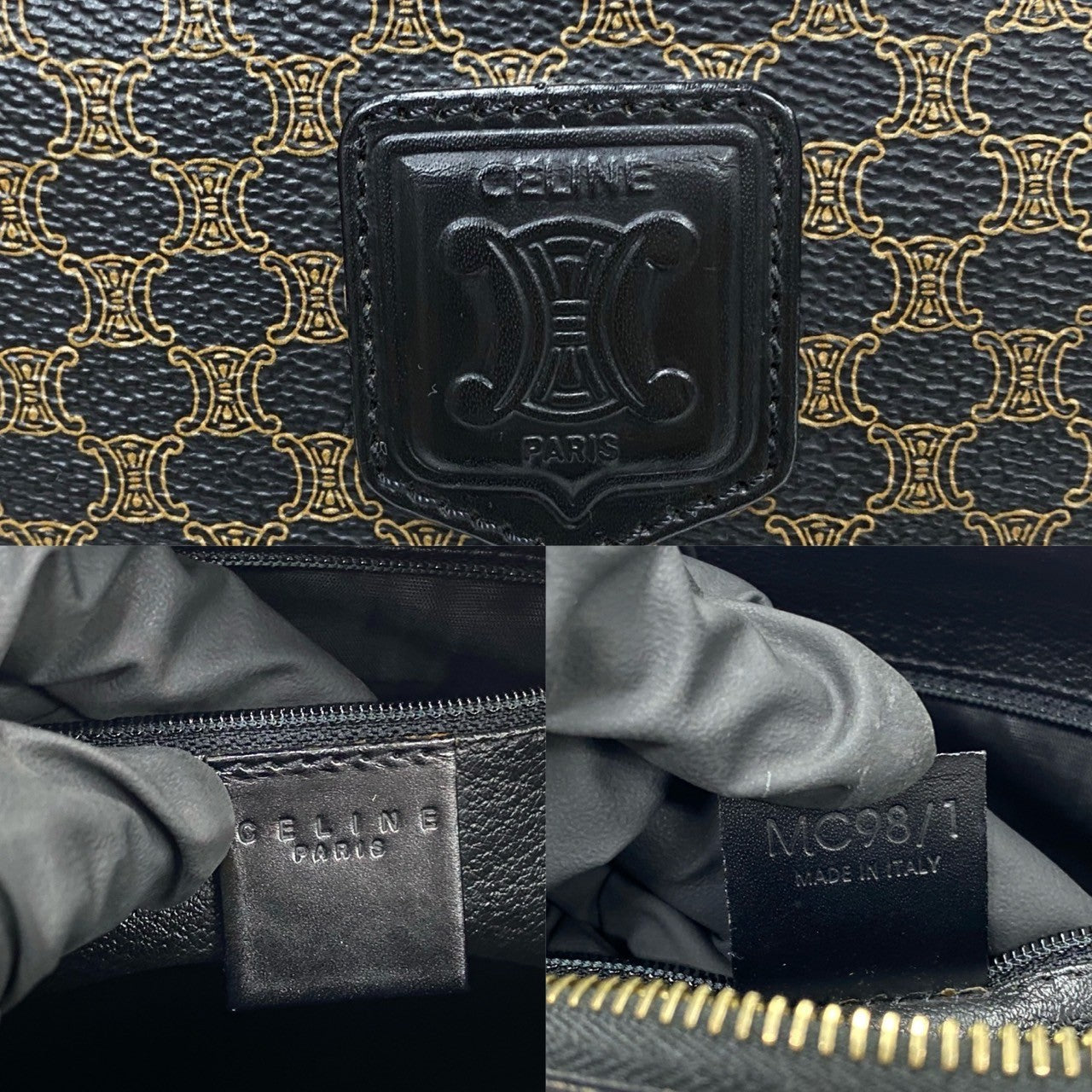 Celine Handbag Leather, Pvc Black Macadam Blazon Pattern Triomphe Logo Women Used Authentic