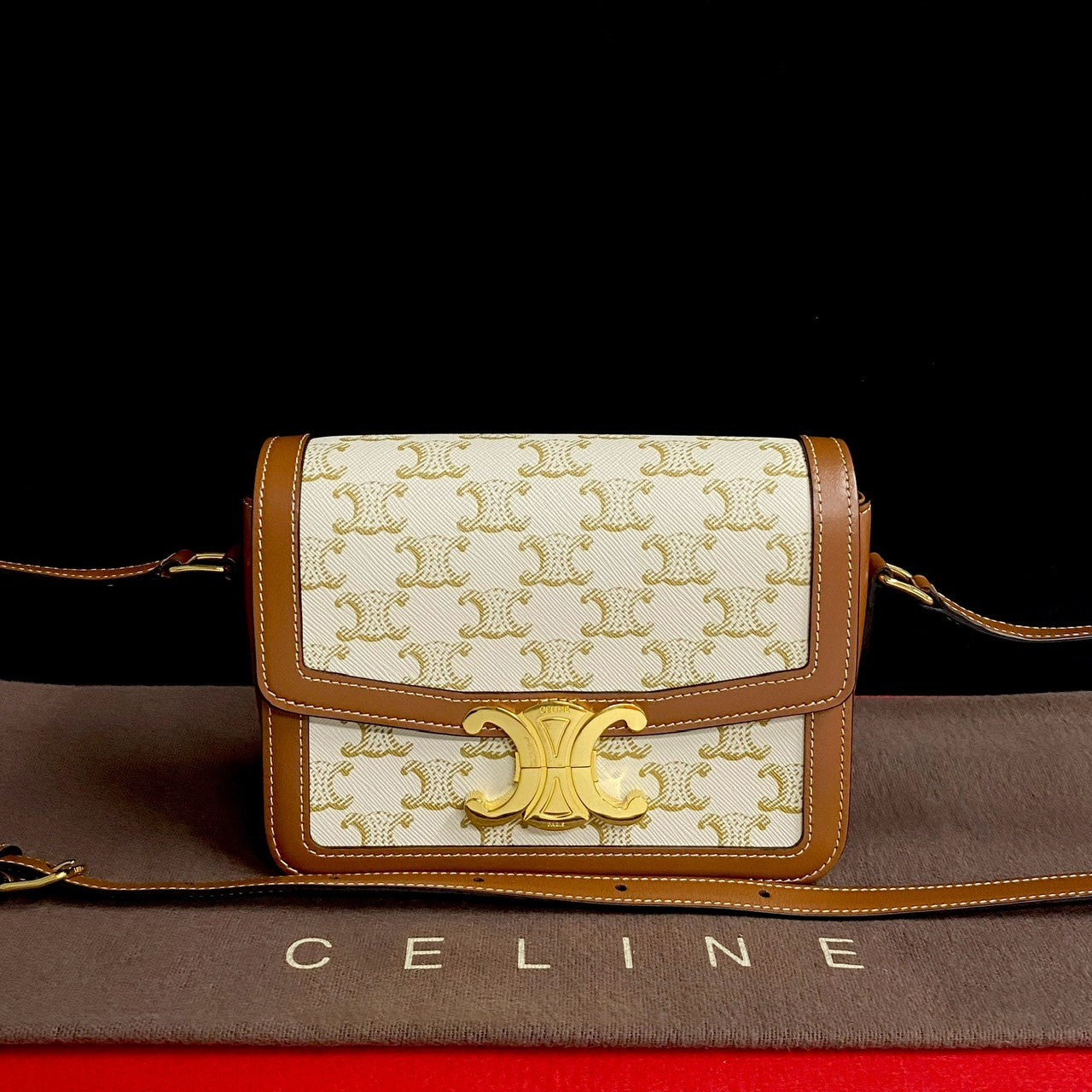 Celine Shoulder Bag Leather, Pvc Brown Triomphe Logo Metal Teen Triomphe Women Used Authentic