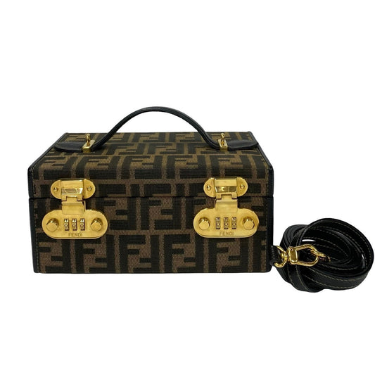 Fendi Shoulder Bag Canvas, Leather Brown Zucca Ff Pattern Dial Lock Vanity Women Used Authentic