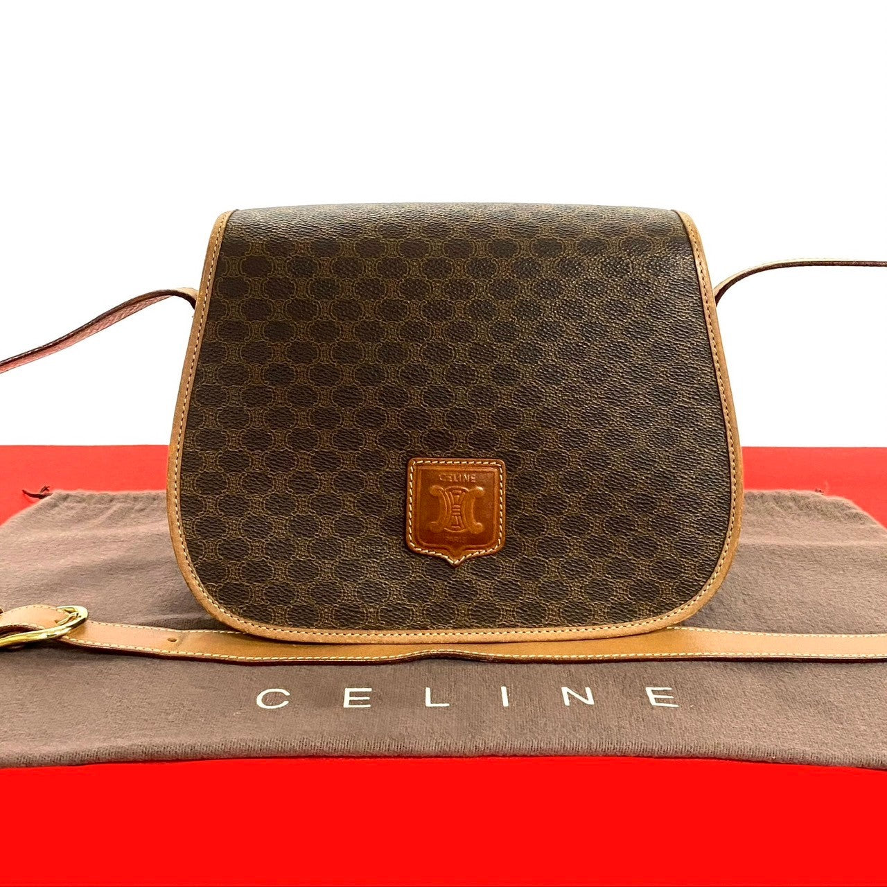 Celine Shoulder Bag Leather, Pvc Brown Macadam Blazon Pattern Triomphe Logo Women Used Authentic