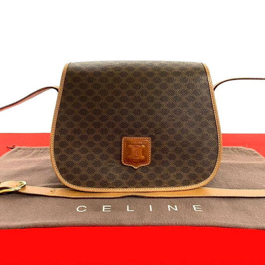 Celine Shoulder Bag Leather, Pvc Brown Macadam Blazon Pattern Triomphe Logo Women Used Authentic