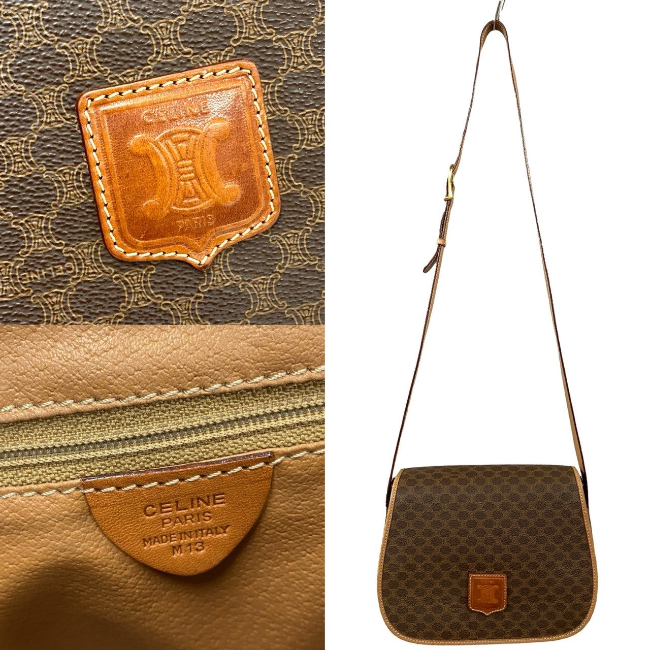 Celine Shoulder Bag Leather, Pvc Brown Macadam Blazon Pattern Triomphe Logo Women Used Authentic