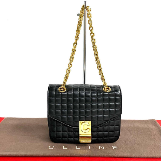 Celine Shoulder Bag Leather Black C S Quilted Chain Shoulder Small Women Used Authentic