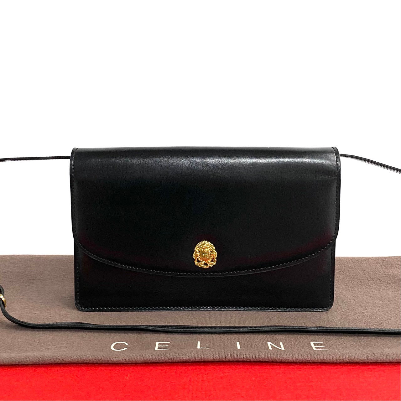 Celine Shoulder Bag Calfskin, Leather Black Triomphe Logo Metal Women Used Authentic