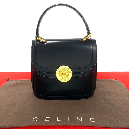 Celine Handbag Calfskin Navy Circle Globe Logo Women Used Authentic