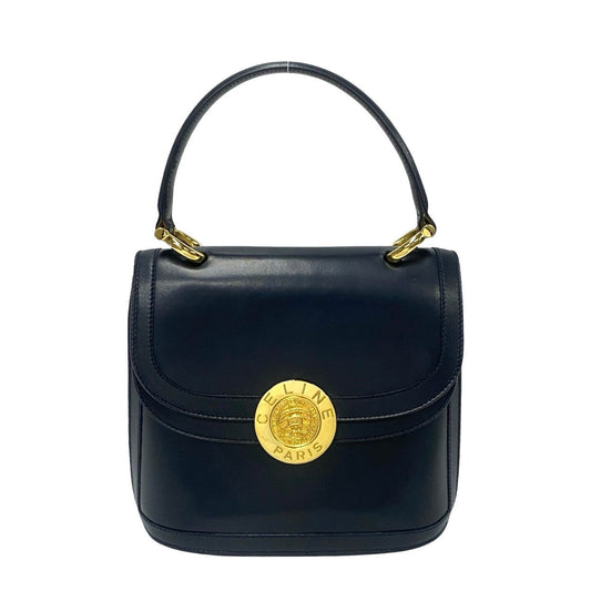 Celine Handbag Calfskin Navy Circle Globe Logo Women Used Authentic