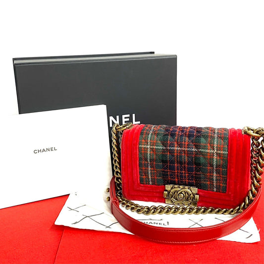 Chanel Shoulder Bag Lambskin, Velour, Tweed Red Coco Mark Boy Chanel Matrasse Women Used Authentic