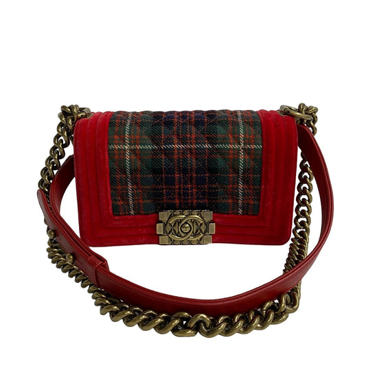 Chanel Shoulder Bag Lambskin, Velour, Tweed Red Coco Mark Boy Chanel Matrasse Women Used Authentic