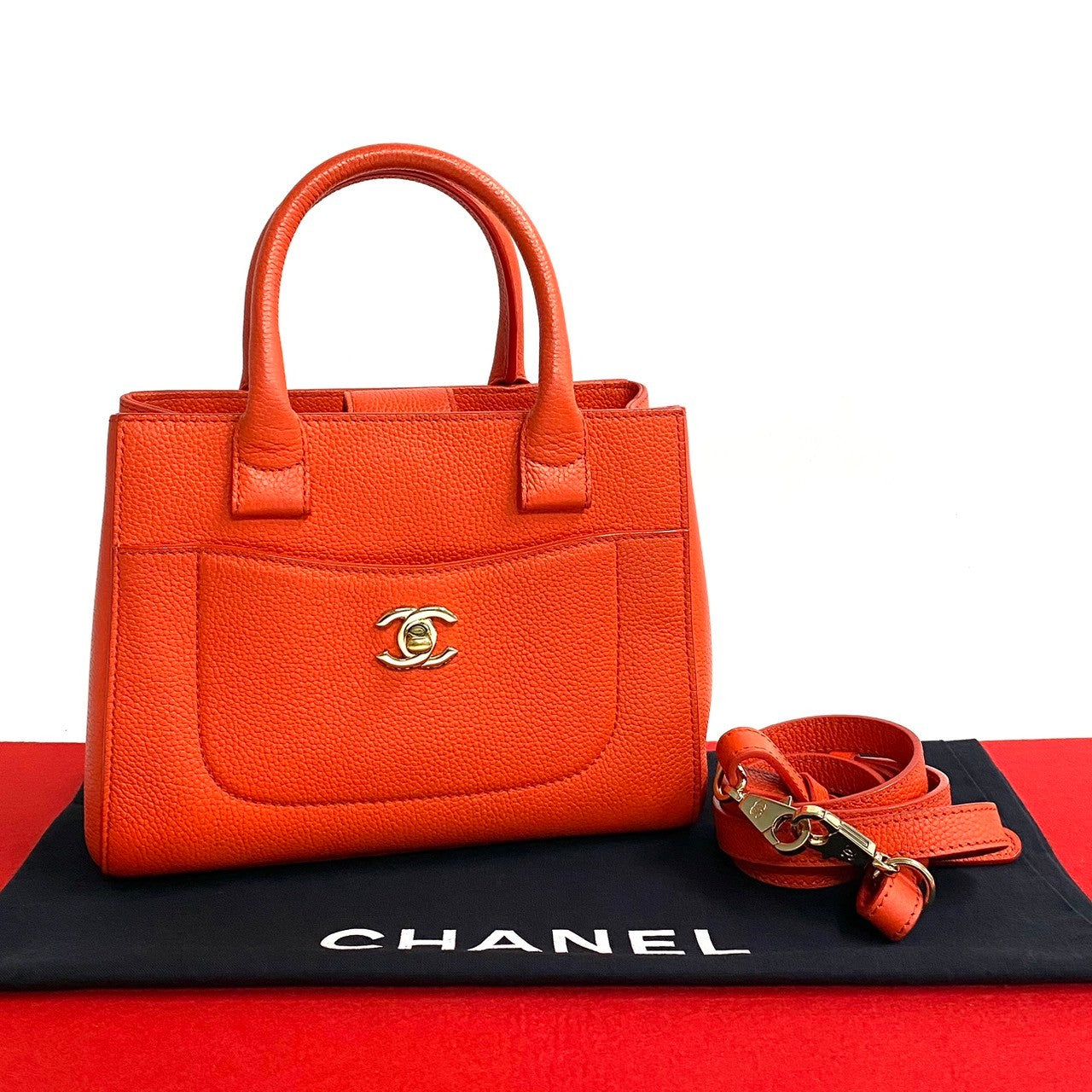 Chanel Shoulder Bag Matt Caviar Skin Orange Neo Executive Small Women Used Authentic