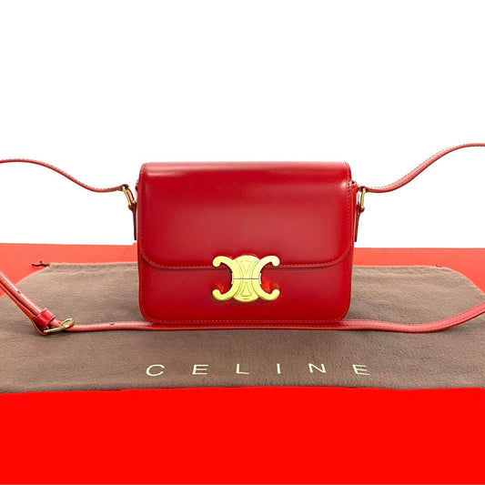 Celine Shoulder Bag Leather, Pvc Red Triomphe Logo Metal Teen Triomphe Women Used Authentic