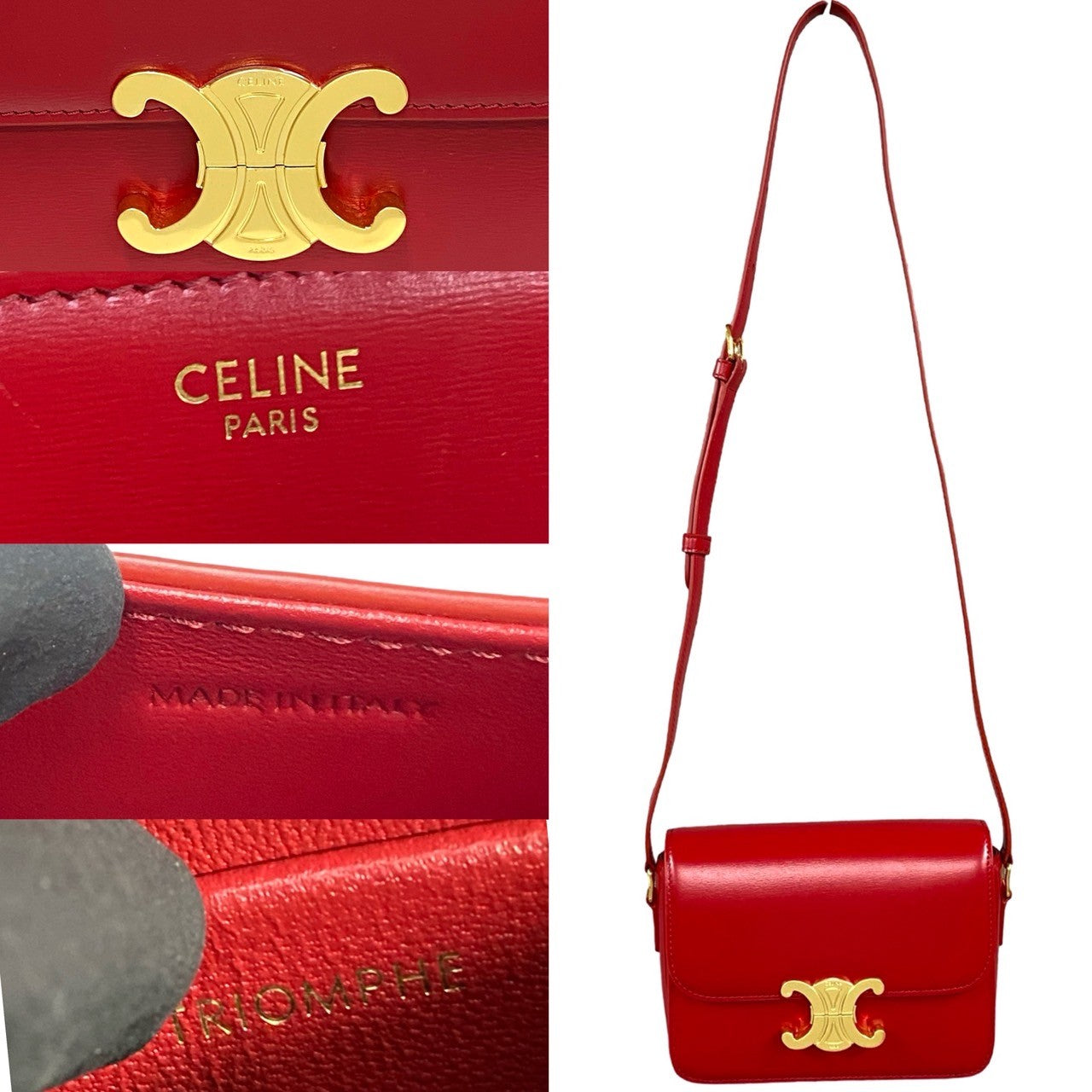 Celine Shoulder Bag Leather, Pvc Red Triomphe Logo Metal Teen Triomphe Women Used Authentic