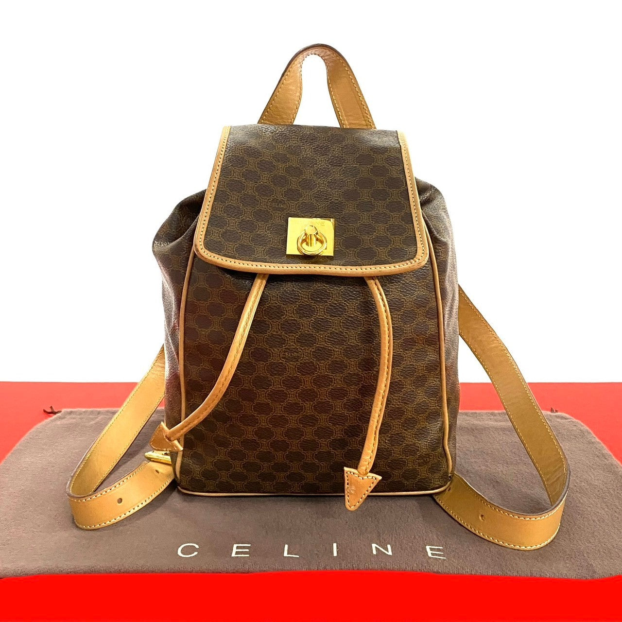 Celine Backpack Leather, Pvc Brown Macadam Blason Triomphe Pattern Logo Ring Metal Women Used Authentic