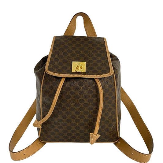 Celine Backpack Leather, Pvc Brown Macadam Blason Triomphe Pattern Logo Ring Metal Women Used Authentic