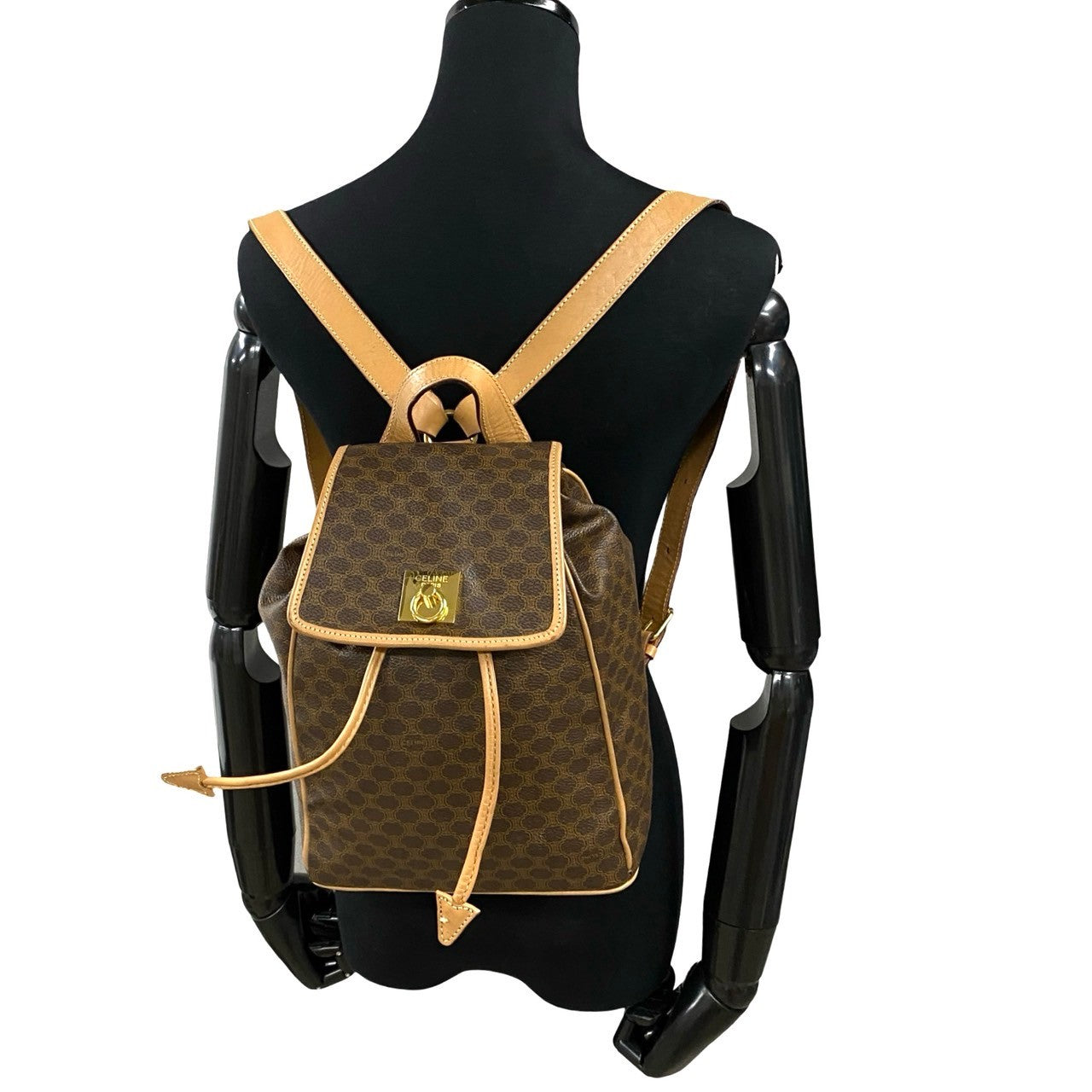 Celine Backpack Leather, Pvc Brown Macadam Blason Triomphe Pattern Logo Ring Metal Women Used Authentic