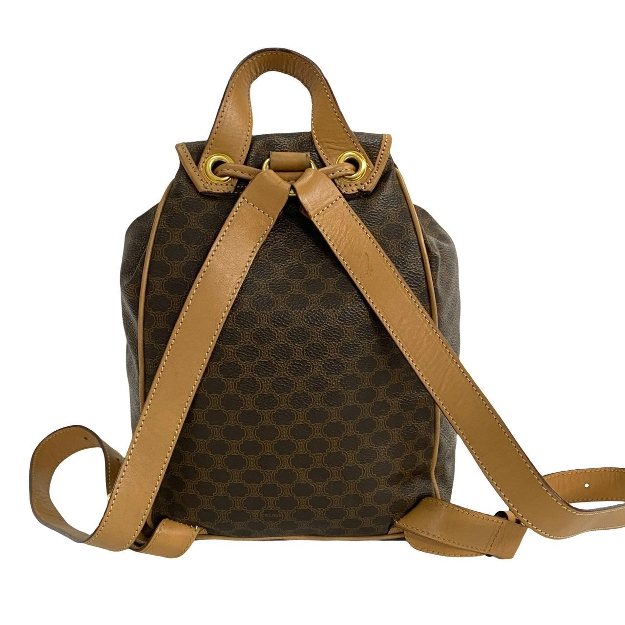 Celine Backpack Leather, Pvc Brown Macadam Blason Triomphe Pattern Logo Ring Metal Women Used Authentic